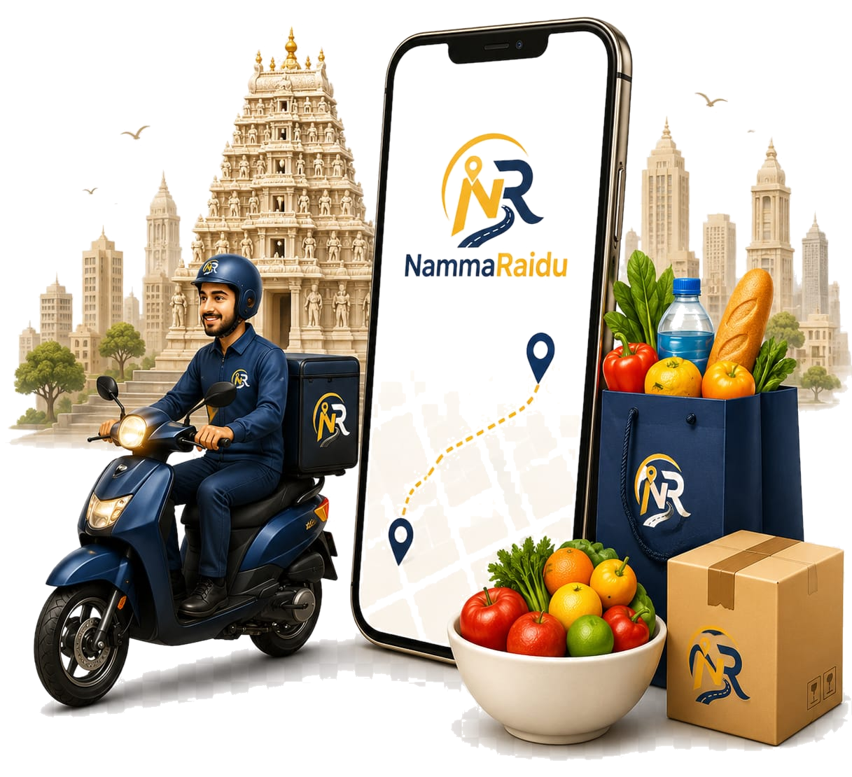 NammaRaidu delivery partner on a scooter with the app, groceries, fresh produce and a parcel, in front of an Ariyalur temple skyline